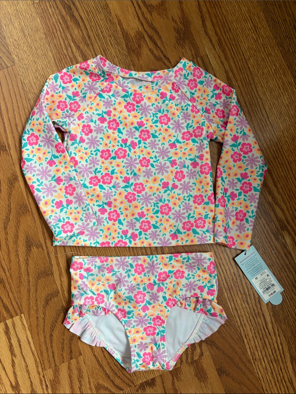 NWT 3T Toddler Girls Cat & Jack Floral Long-Sleeve Rash Guard Swim Set